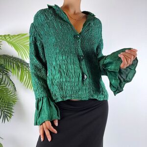 Vintage 90s Emerald Fairycore Long Sleeve Crinkled Boho Hippie Button Up / Sz: M